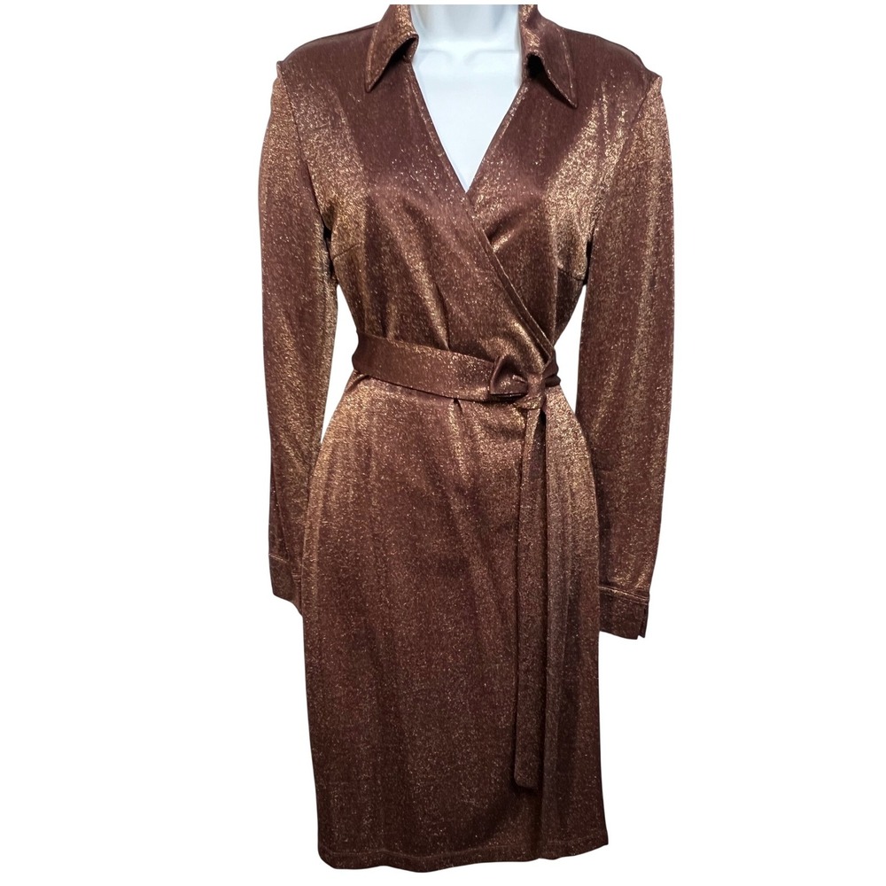Vintage Express Bronze Metallic Wrap Dress Long Sleeve‎ Shimmer Midi 7/8 Retro
